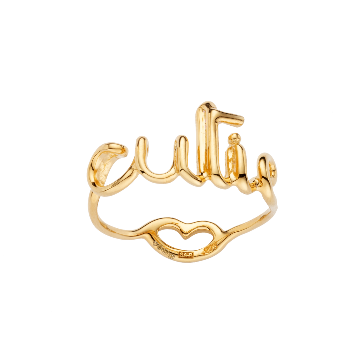 Cutie Hotscripts word wire ring by Hotlips by Solange in gold plated silver front view