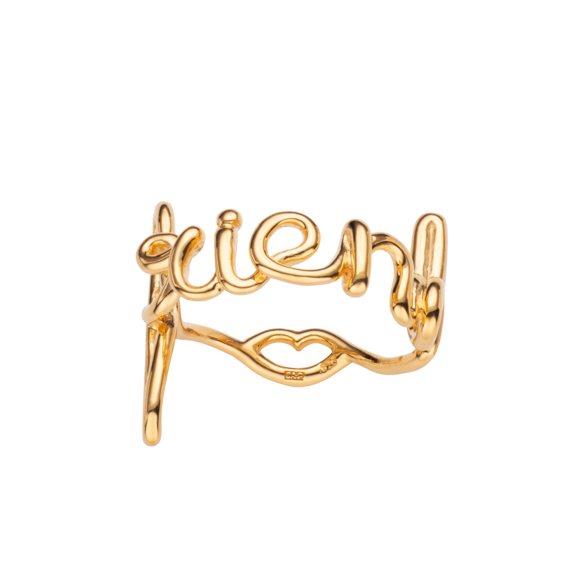 Friend Hotscripts word wire ring by Hotlips by Solange in gold plated silver front view