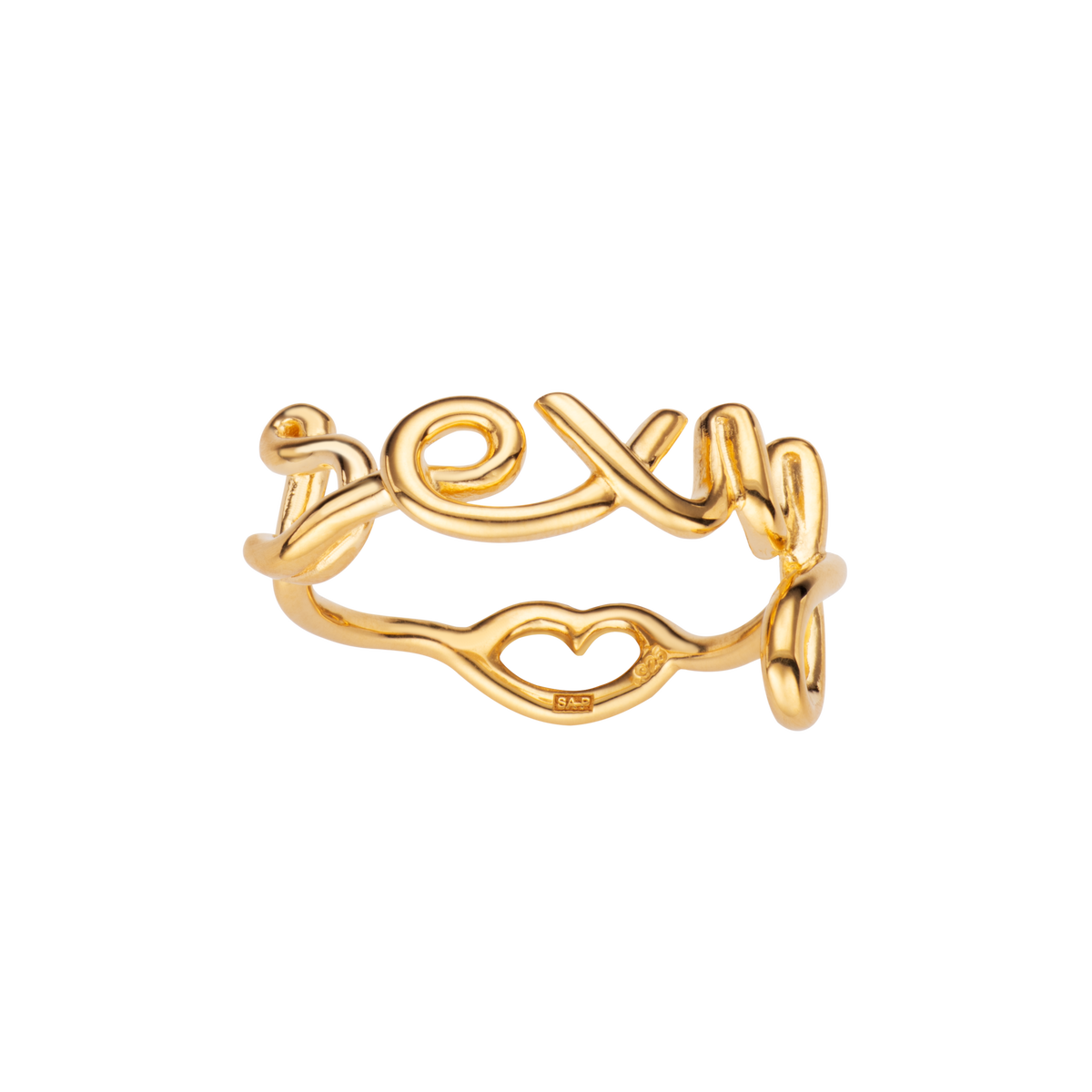 Sexy Hotscripts word wire ring by Hotlips by Solange in gold plated silver front view