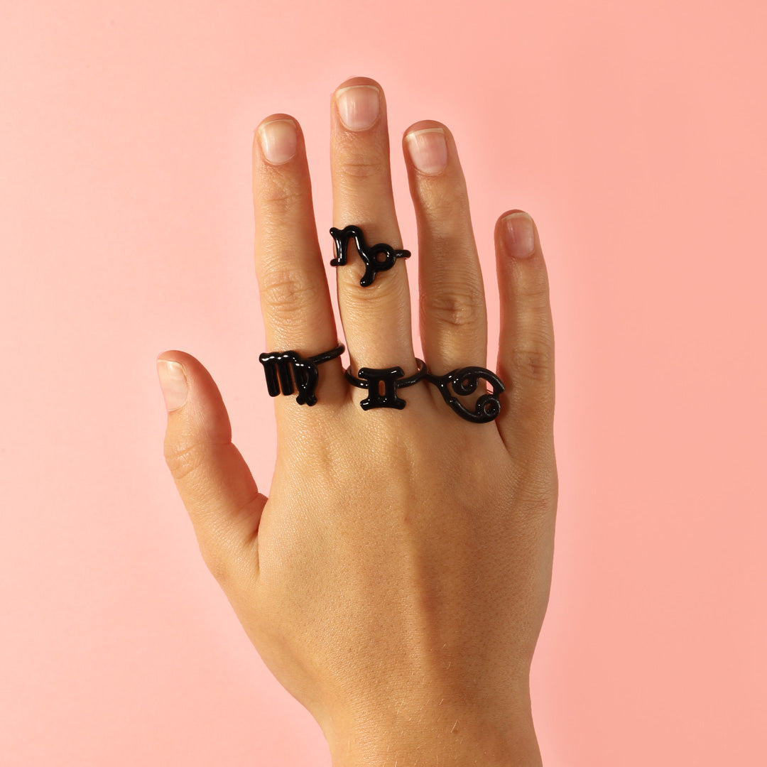Gemini Zodiac Hotglyph Ring black enamel and silver by Solange Azagury-Partridge front view model shot