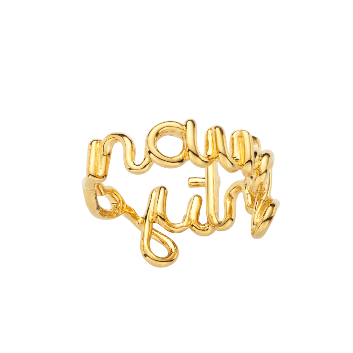 Naughty Hotscripts word wire ring by Hotlips by Solange in gold plated silver front view