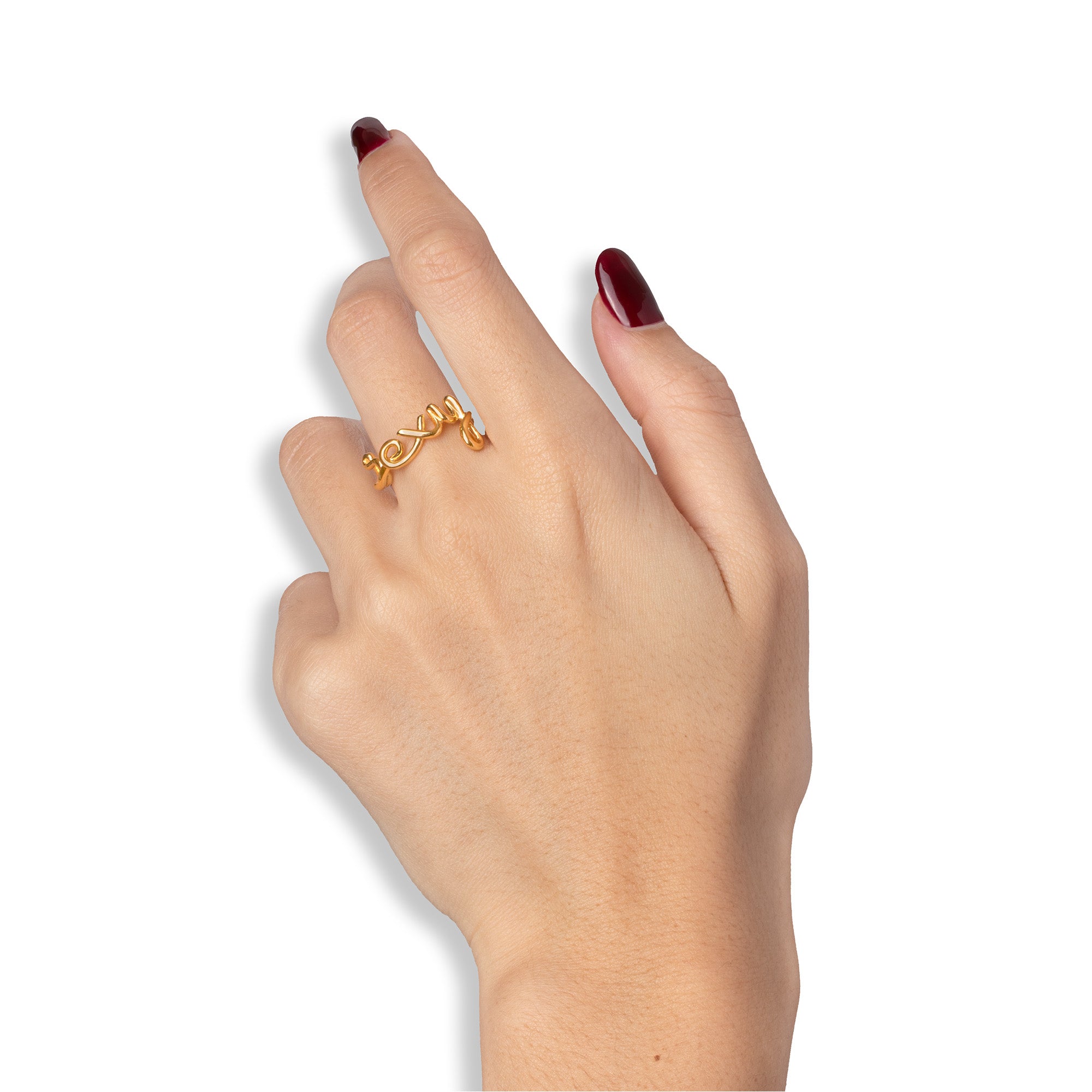 Sexy Hotscripts word wire ring by Hotlips by Solange in gold plated silver on model 