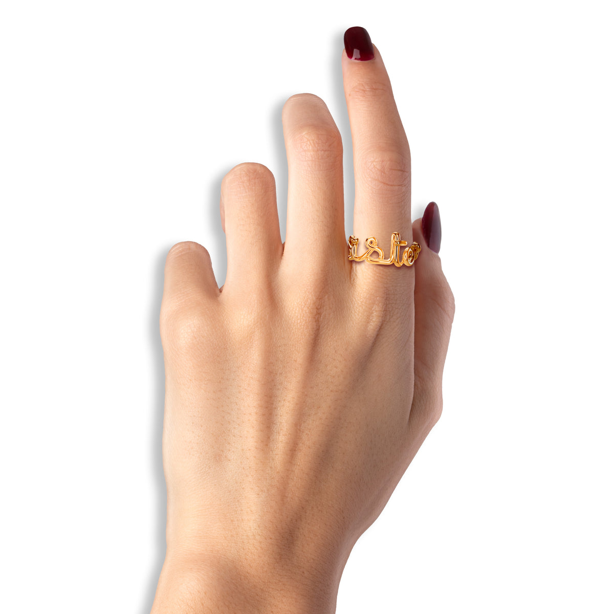 Sister Hotscripts word wire ring by Hotlips by Solange in gold plated silver on model