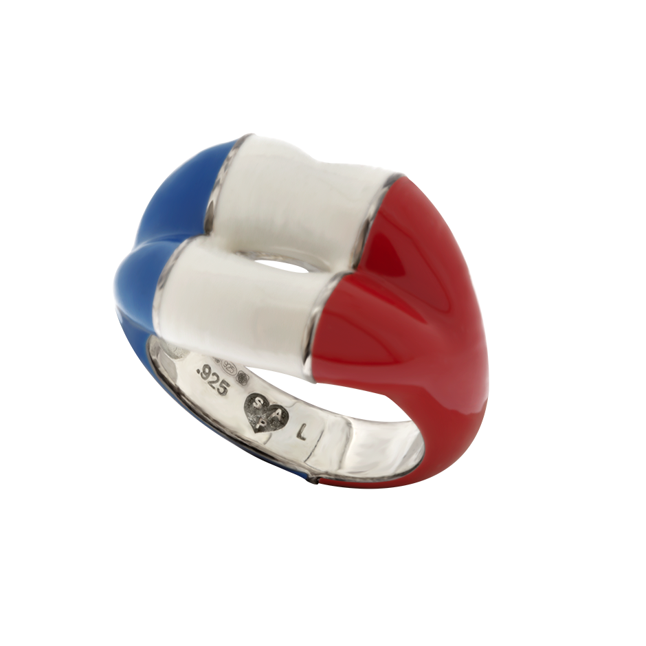 Tricolor hotlip ring by British designer Solange Azagury-Partridge sided view