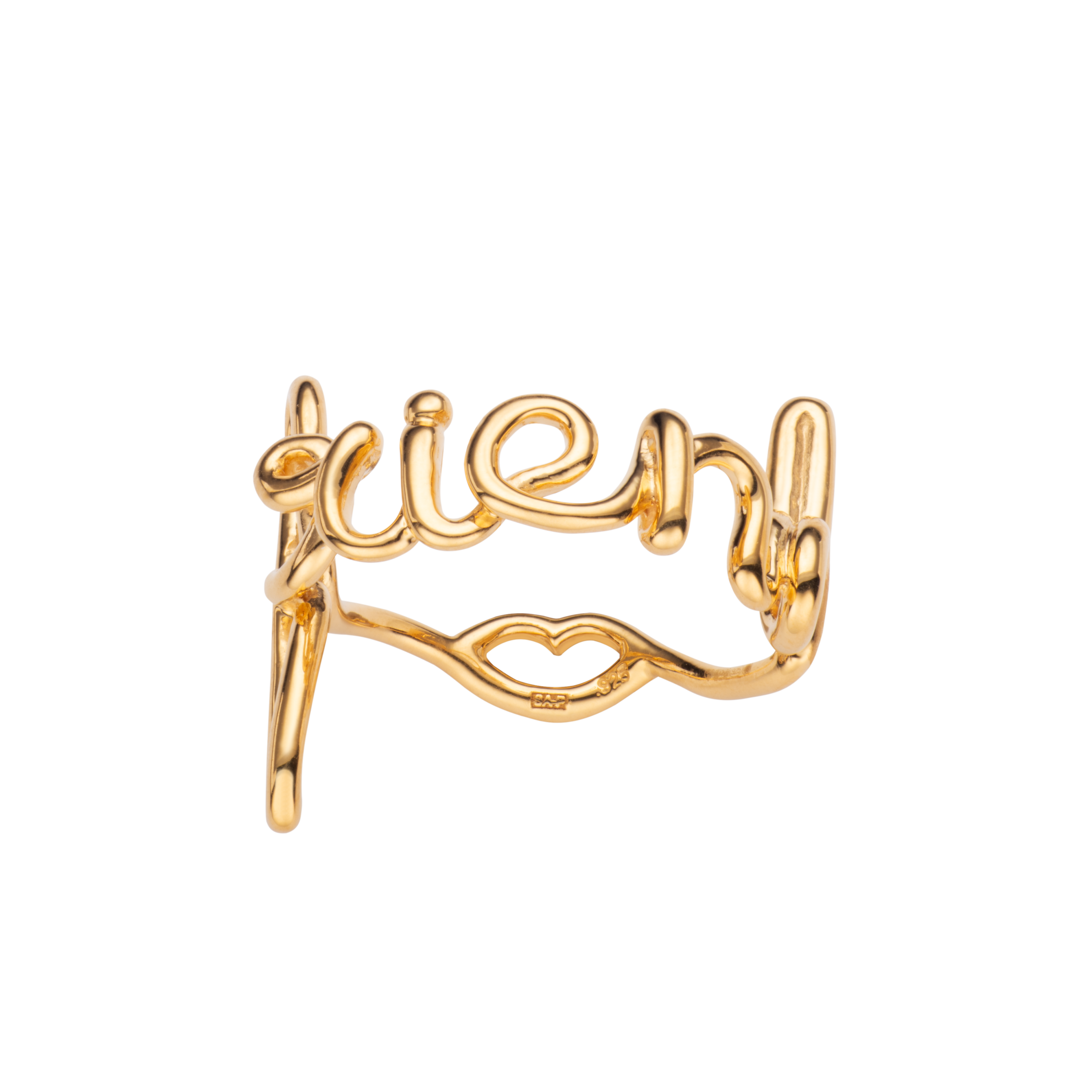 Friend Hotscripts word wire ring by Hotlips by Solange in gold plated silver front view 