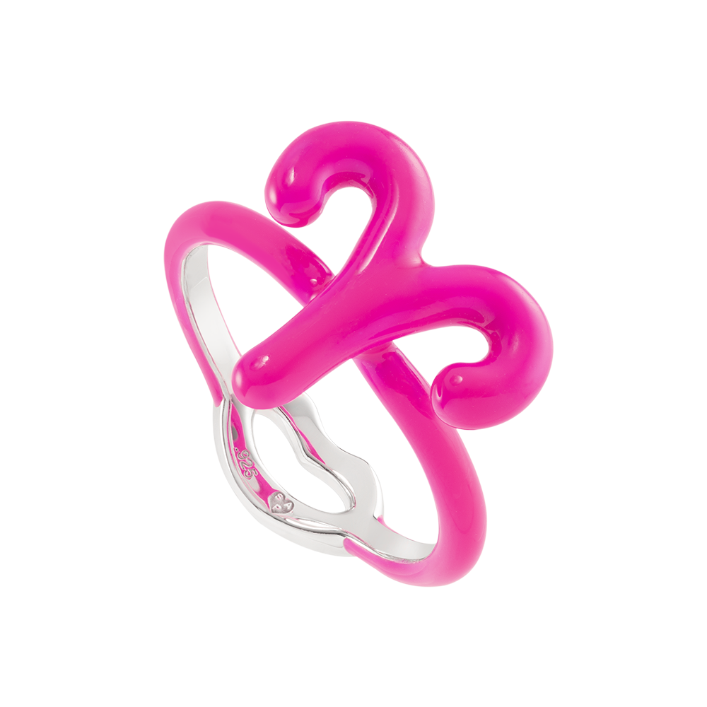 Aries Neon Pink Silver & Enamel Hotglyphs Zodiac Ring Hotlips by Solange Angled View