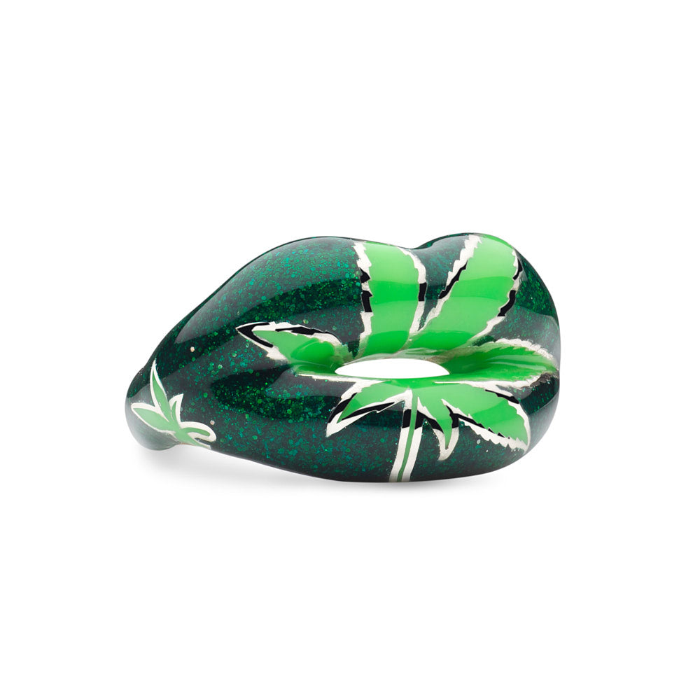 Leaf 420 Ring Silver and Glitter Green Enamel by Hotlips by Solange angled view 