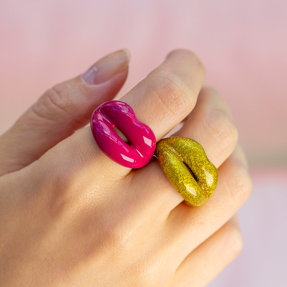 Glitter gold and dusky pink Hotlips ring by Solange on hand 